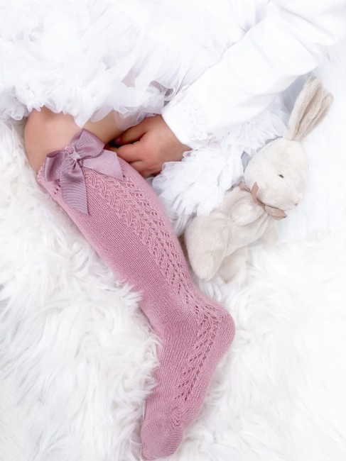 Przejdź do produktu Podkolanówki openwork kokarda brudny róż Condor *526