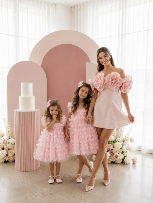 Przejdź do produktu Sukienka tiulowa 3D dla dziewczynki pudrowy róż motylki Blush Butterfly