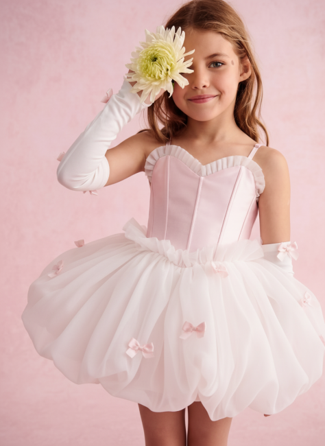 Przejdź do produktu Sukienka tiulowa dla dziewczynki biała kokardki Princess Blossom – Pudrowy Róż
