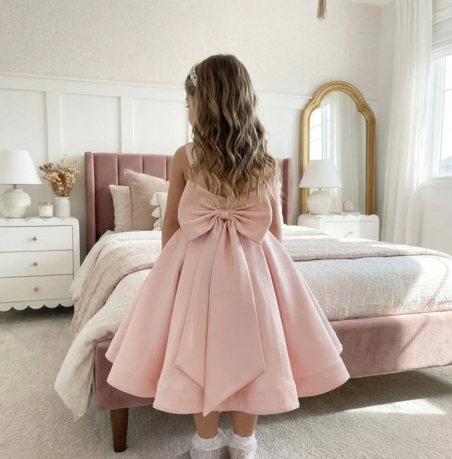 Przejdź do produktu Sukienka dla dziewczynki elegancka satynowa  kokarda ślub, komunia krótka różowa (na zamówienie) 