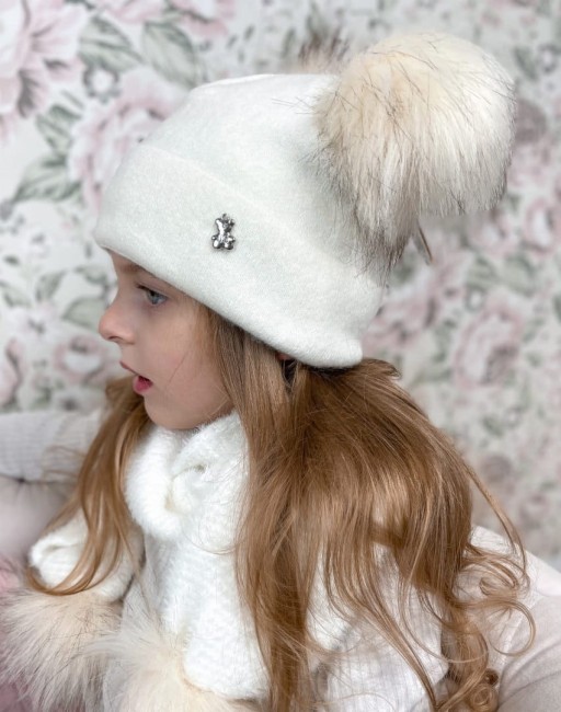 Przejdź do produktu Czapka zimowa pompony ecru dziecięca kaszmir