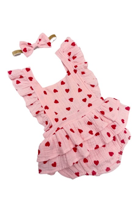 Przejdź do produktu Rampers dla dziewczynki serduszka z falbankami opaska komplet