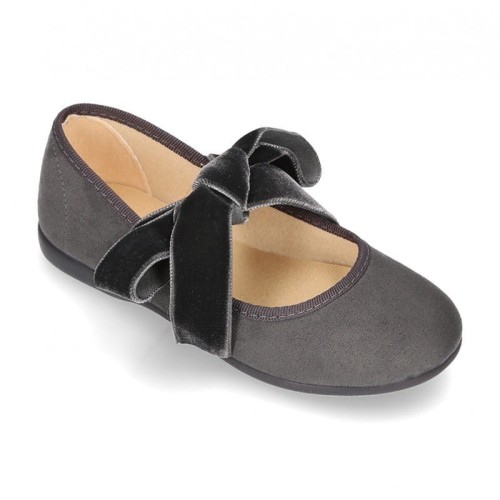 BUTY BALETKI SZARE MARY JANE VELVET BOW