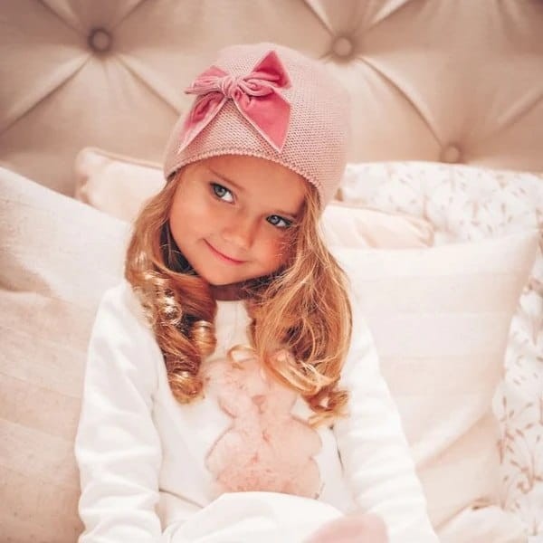 Czapka dziecięca wiosenna Condor kokarda velvet brudny róż *526