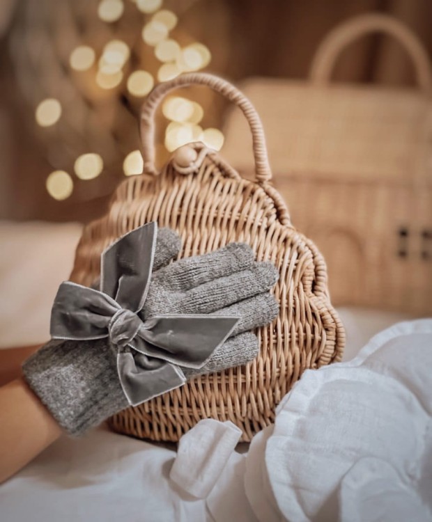 Rękawiczki dziecięce Condor kokarda velvet szare *230