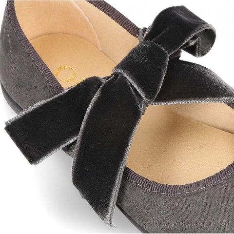 BUTY BALETKI SZARE MARY JANE VELVET BOW