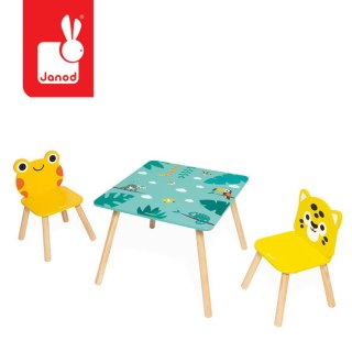 Janod - Zestaw drewnianych mebelków stolik i 2 krzesła Tropik 3+