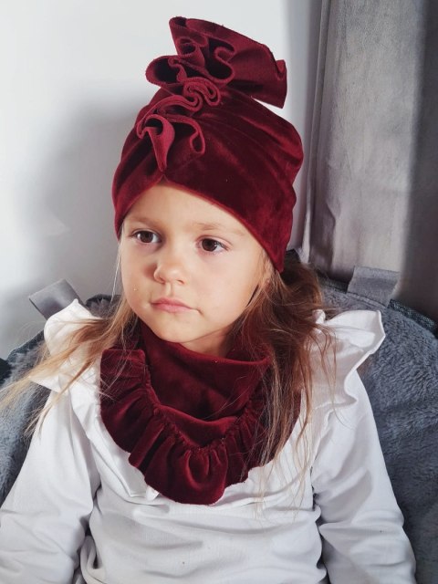 Turban czapka welur bordo dziecięcy