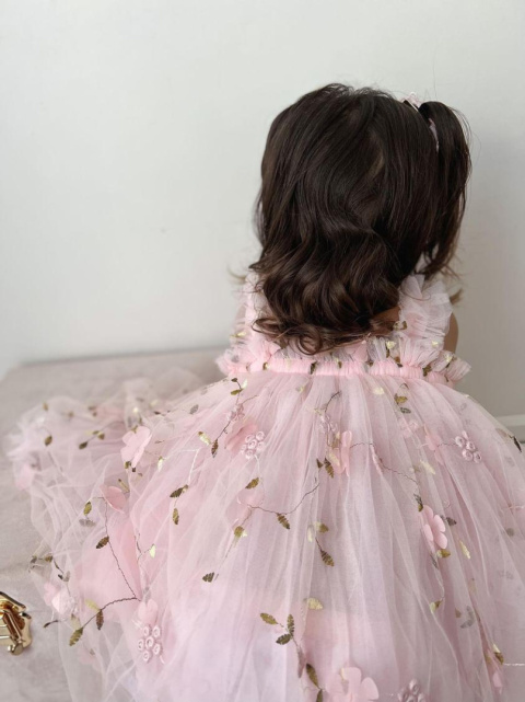 Sukienka tiulowa dla dziewczynki kwiatki haft różowa